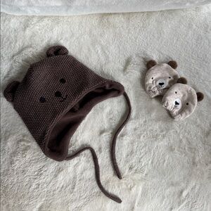 Brown Bear Knit Hat and Mittens Set